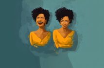 Two illustrated women with curly hair wearing yellow tops, one laughing with eyes closed, the other smiling gently with head slightly bowed, both against a teal background.