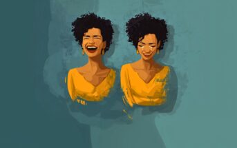 Two illustrated women with curly hair wearing yellow tops, one laughing with eyes closed, the other smiling gently with head slightly bowed, both against a teal background.