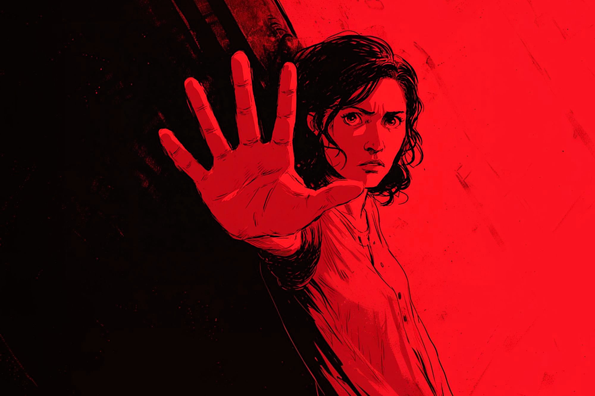 Stylized illustration of a person with curly hair and a serious expression, holding one hand forward as if signaling to stop. The background is red with black shading on the left side.