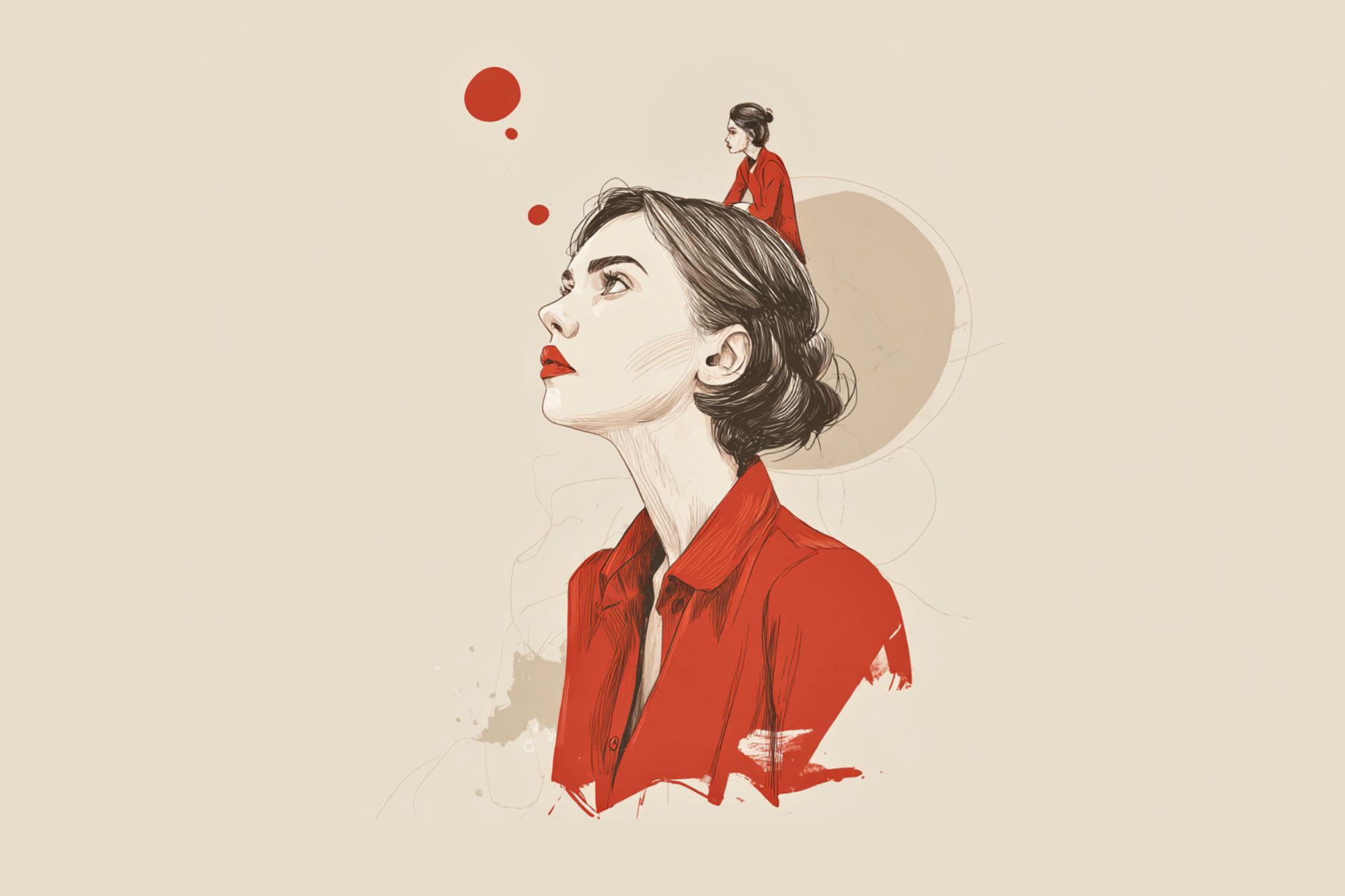 Illustration of a woman in a red shirt looking upward, with a smaller version of herself sitting on her head, and red thought bubbles above, symbolizing introspection or self-reflection.