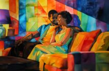 A vibrant, colorful painting of a smiling couple sitting close together on a sofa, bathed in warm, multicolored light, surrounded by abstract geometric shapes and patterns.
