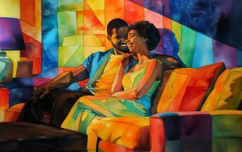A vibrant, colorful painting of a smiling couple sitting close together on a sofa, bathed in warm, multicolored light, surrounded by abstract geometric shapes and patterns.