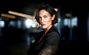 A woman with short brown hair and a confident expression stands with arms crossed, wearing a dark blazer in a dimly lit, modern office with sunlight shining behind her.