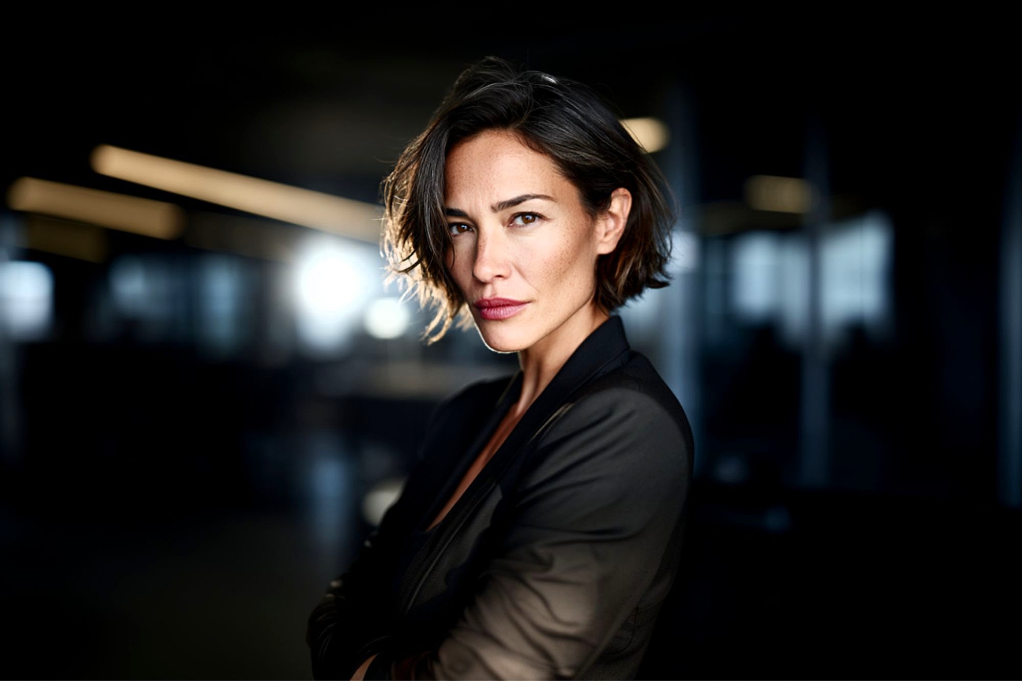 A woman with short brown hair and a confident expression stands with arms crossed, wearing a dark blazer in a dimly lit, modern office with sunlight shining behind her.