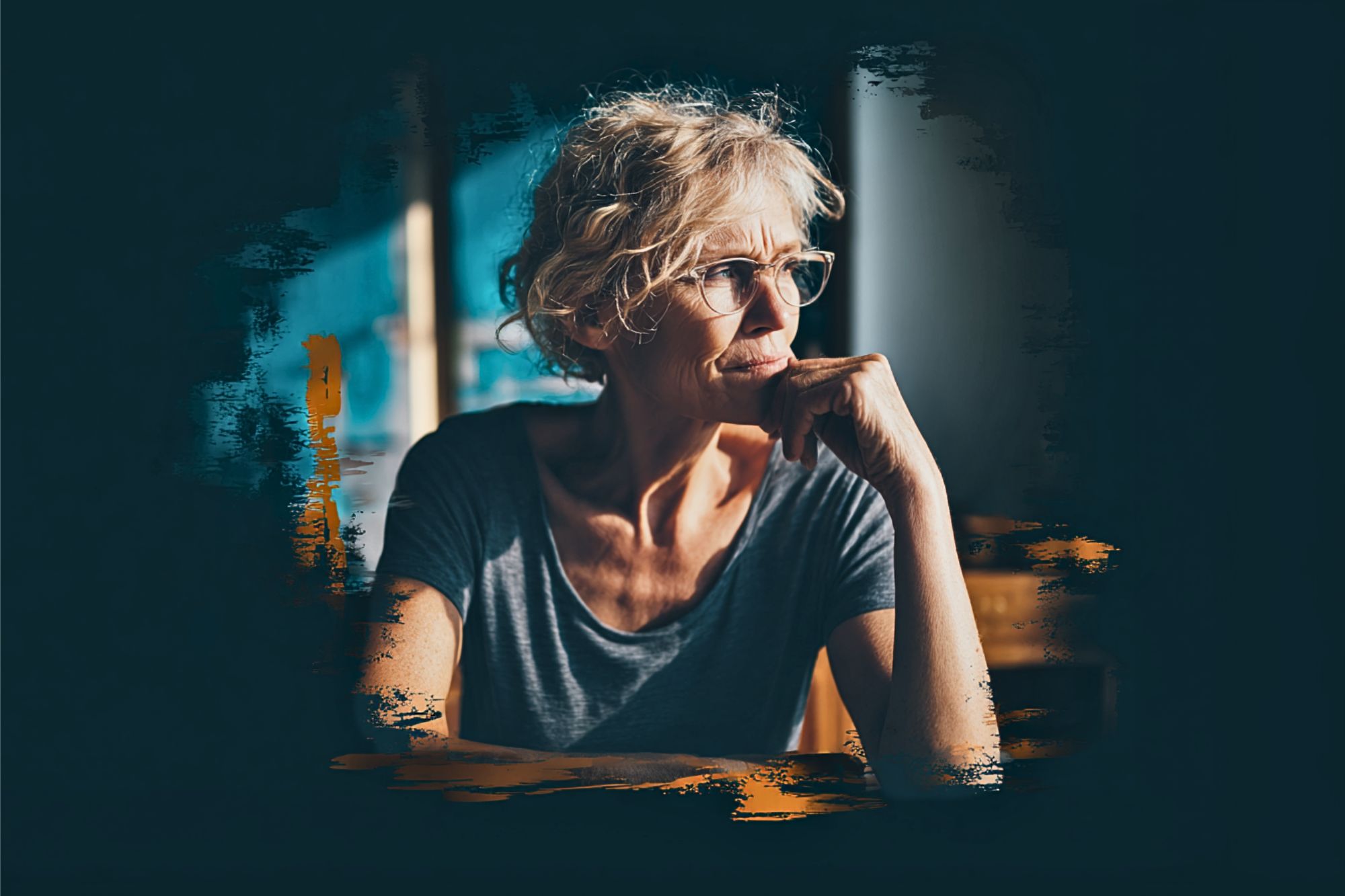 An older woman with curly gray hair and glasses looks thoughtfully out of a window, resting her chin on her hand. She wears a gray shirt, and the image has a dark, artistic brushed border effect.