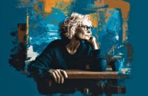 An older woman with short curly gray hair and glasses gazes thoughtfully to the side, resting her chin on her hand, against an artistic blue and orange abstract background.