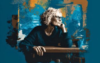 An older woman with short curly gray hair and glasses gazes thoughtfully to the side, resting her chin on her hand, against an artistic blue and orange abstract background.