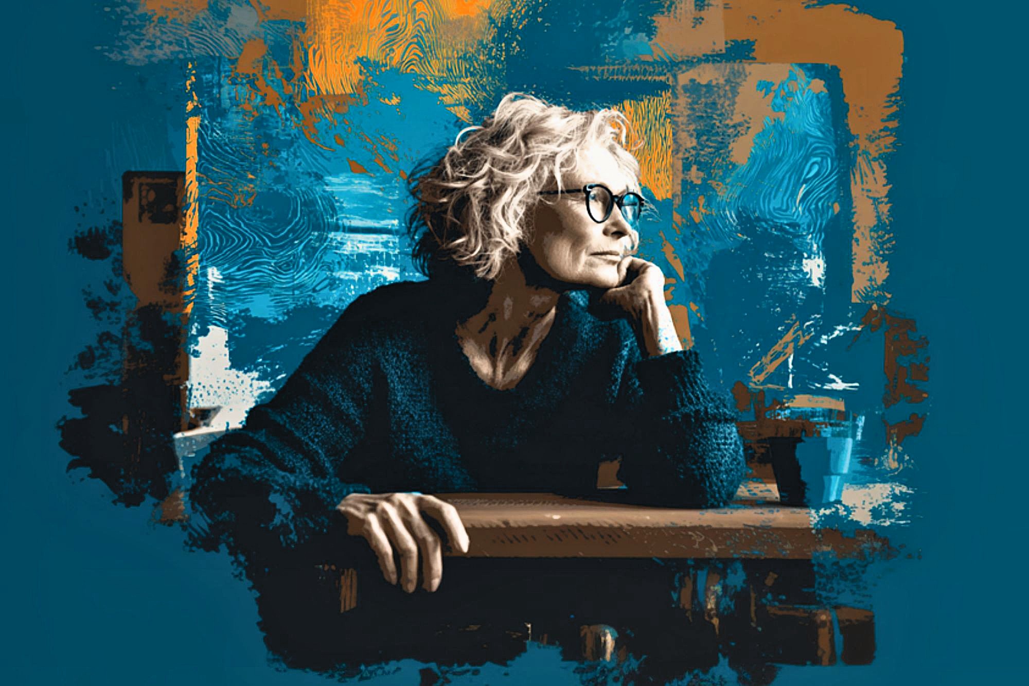 An older woman with short curly gray hair and glasses gazes thoughtfully to the side, resting her chin on her hand, against an artistic blue and orange abstract background.