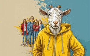 A cartoon goat in a yellow hoodie stands in the foreground, while a group of five serious-looking people stand together in the background against a blue and beige abstract painted backdrop.
