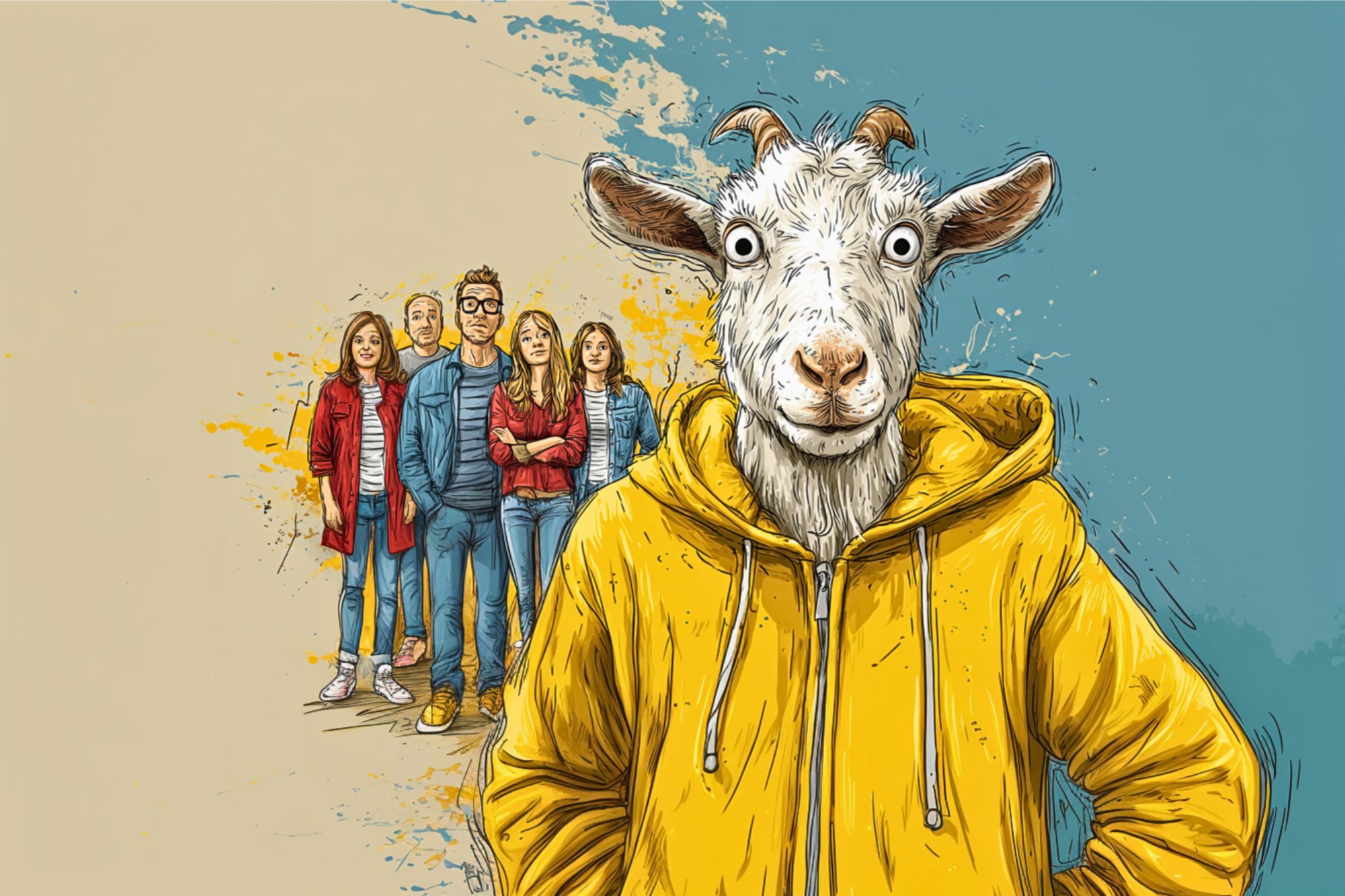 A cartoon goat in a yellow hoodie stands in the foreground, while a group of five serious-looking people stand together in the background against a blue and beige abstract painted backdrop.