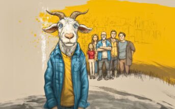 A goat wearing human clothes stands in the foreground, looking directly ahead. Behind it, five people of varying ages stand together against a yellow cityscape background.