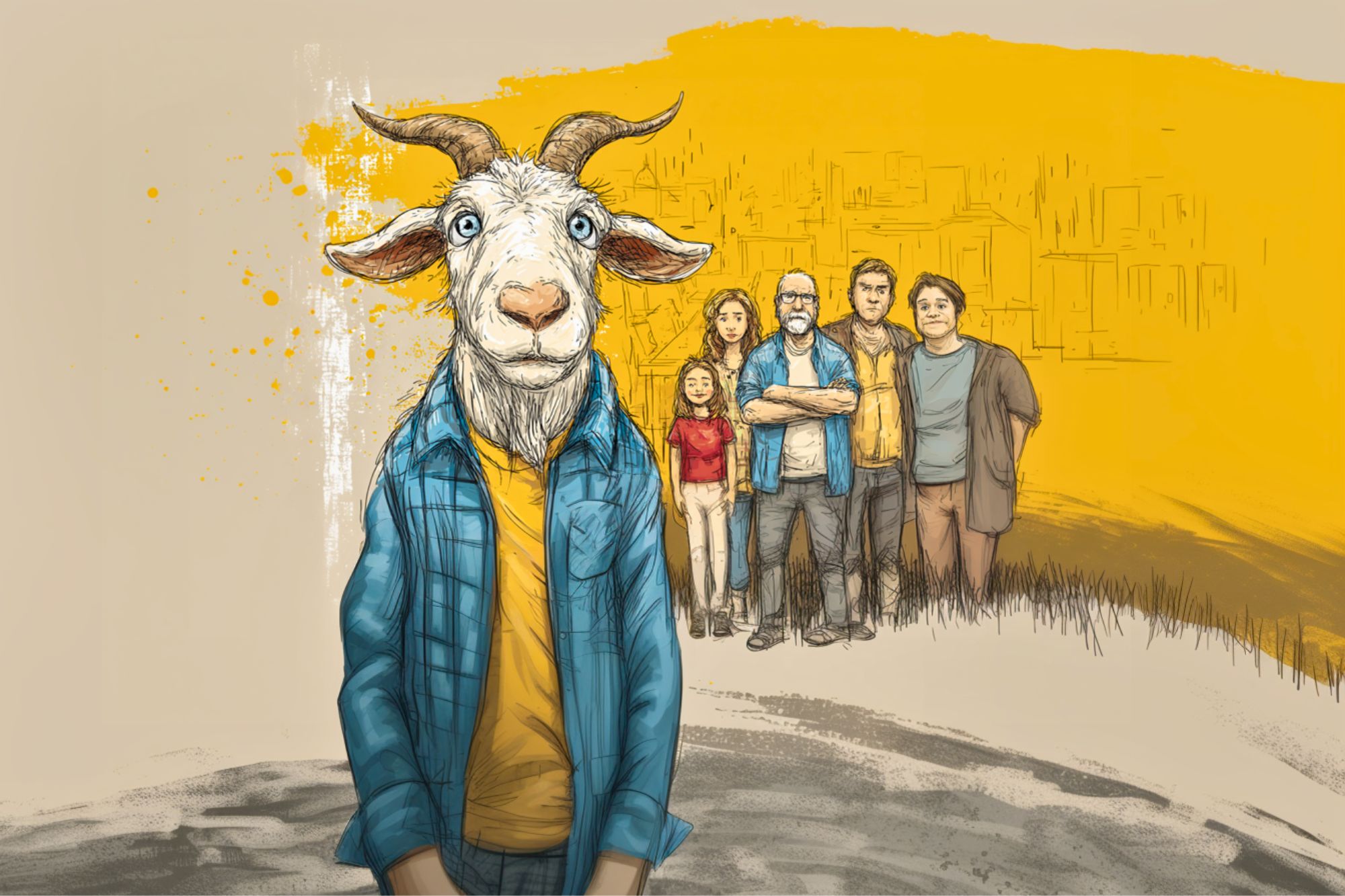 A goat wearing human clothes stands in the foreground, looking directly ahead. Behind it, five people of varying ages stand together against a yellow cityscape background.