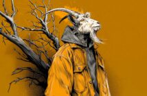 A goat-headed figure wearing a yellow jacket and hoodie stands in front of a leafless, twisted tree on an orange background in a detailed, surreal illustration style.