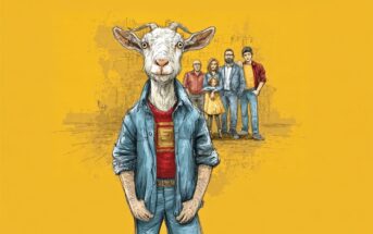 An anthropomorphic goat in casual clothes stands confidently in front of a smiling family of five, all set against a plain yellow background.