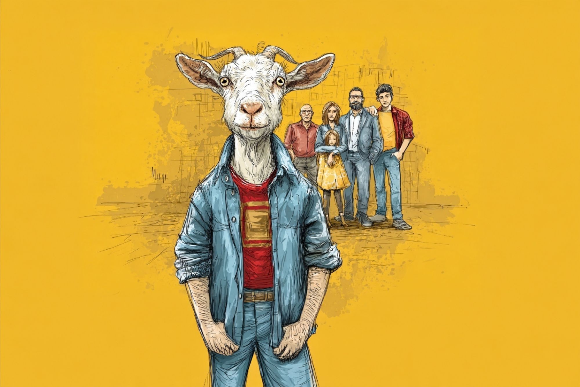 An anthropomorphic goat in casual clothes stands confidently in front of a smiling family of five, all set against a plain yellow background.