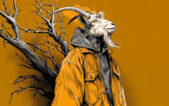 A goat-headed figure wearing a yellow jacket and hoodie stands in front of a leafless, twisted tree on an orange background in a detailed, surreal illustration style.