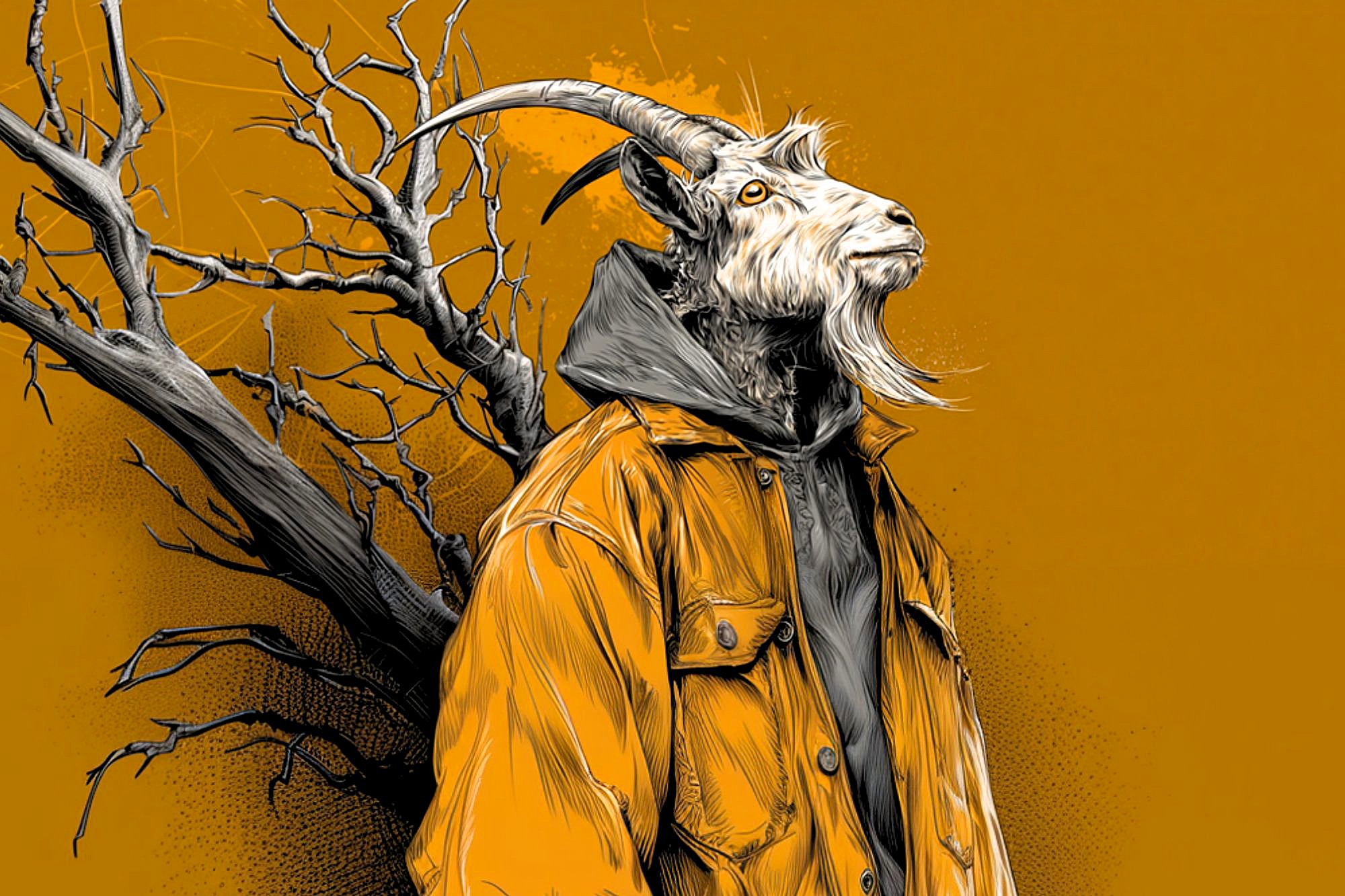 A goat-headed figure wearing a yellow jacket and hoodie stands in front of a leafless, twisted tree on an orange background in a detailed, surreal illustration style.