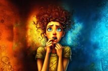A cartoon-style girl with curly hair and wide blue eyes looks anxious, biting her nails. The background is split with warm orange on one side and cool blue on the other, adding to the dramatic effect.