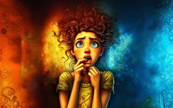 A cartoon-style girl with curly hair and wide blue eyes looks anxious, biting her nails. The background is split with warm orange on one side and cool blue on the other, adding to the dramatic effect.
