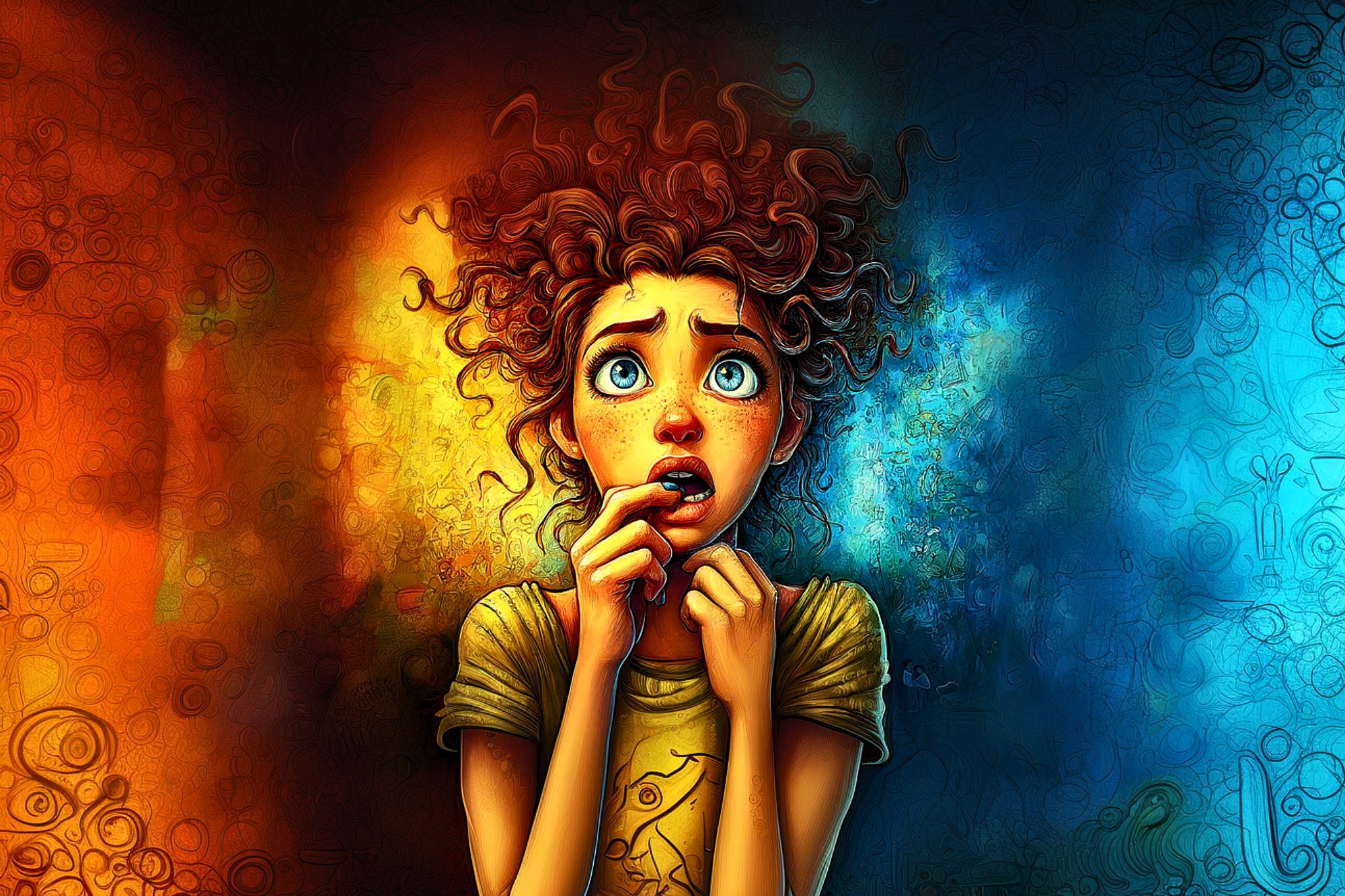 A cartoon-style girl with curly hair and wide blue eyes looks anxious, biting her nails. The background is split with warm orange on one side and cool blue on the other, adding to the dramatic effect.