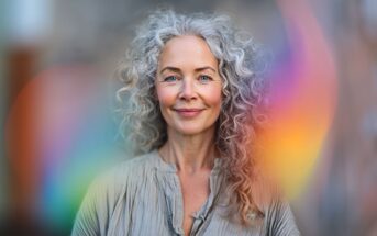 A smiling older woman with curly gray hair stands outdoors, wearing a light gray blouse. Soft rainbow-colored light flares appear in the foreground, creating a warm and vibrant atmosphere.
