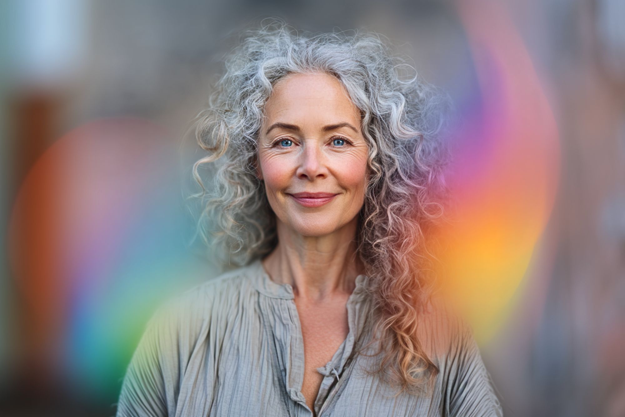 A smiling older woman with curly gray hair stands outdoors, wearing a light gray blouse. Soft rainbow-colored light flares appear in the foreground, creating a warm and vibrant atmosphere.