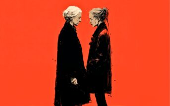Two women with light hair, dressed in dark coats, stand facing each other against a bright orange background, gazing intensely and closely at one another.