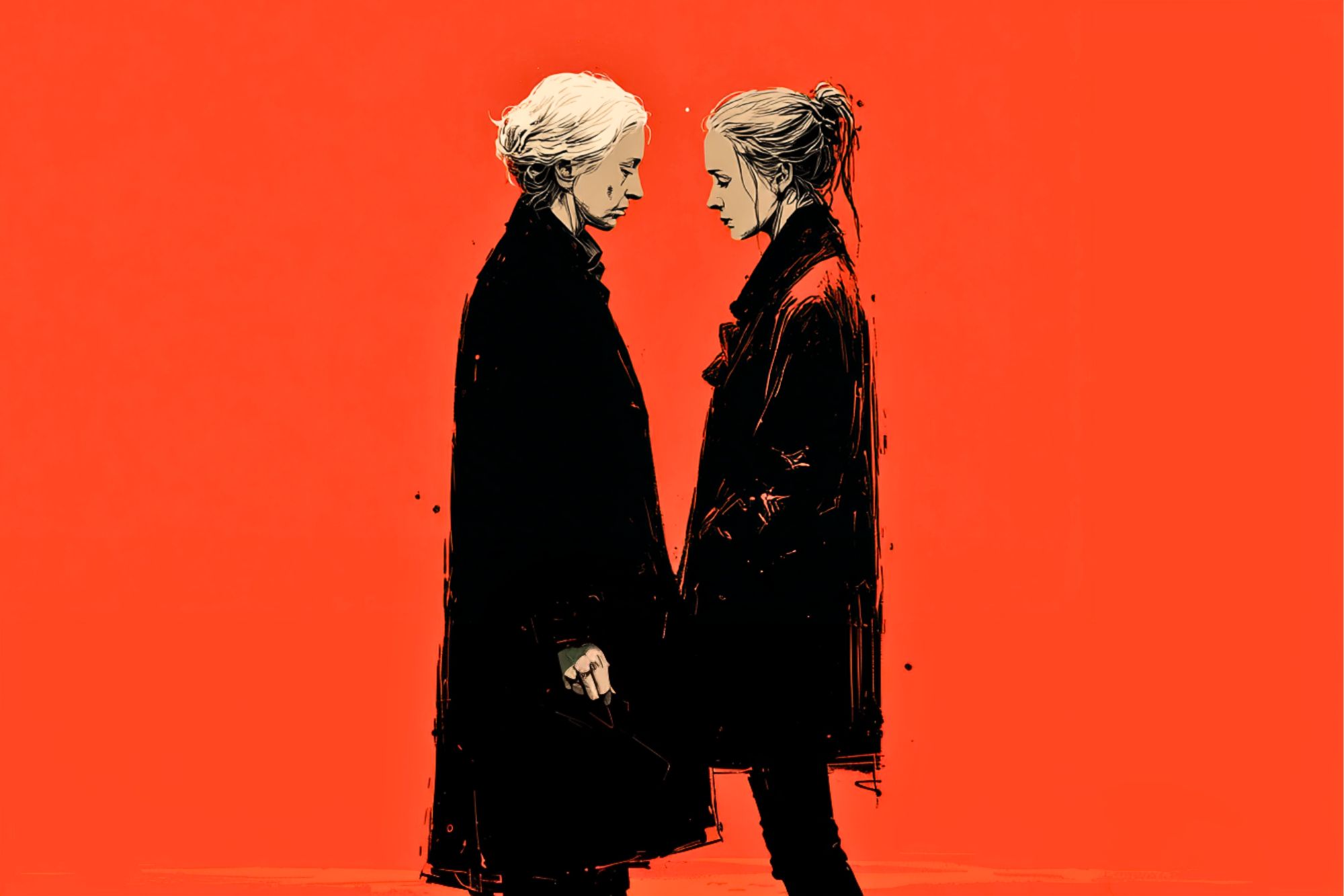 Two women with light hair, dressed in dark coats, stand facing each other against a bright orange background, gazing intensely and closely at one another.