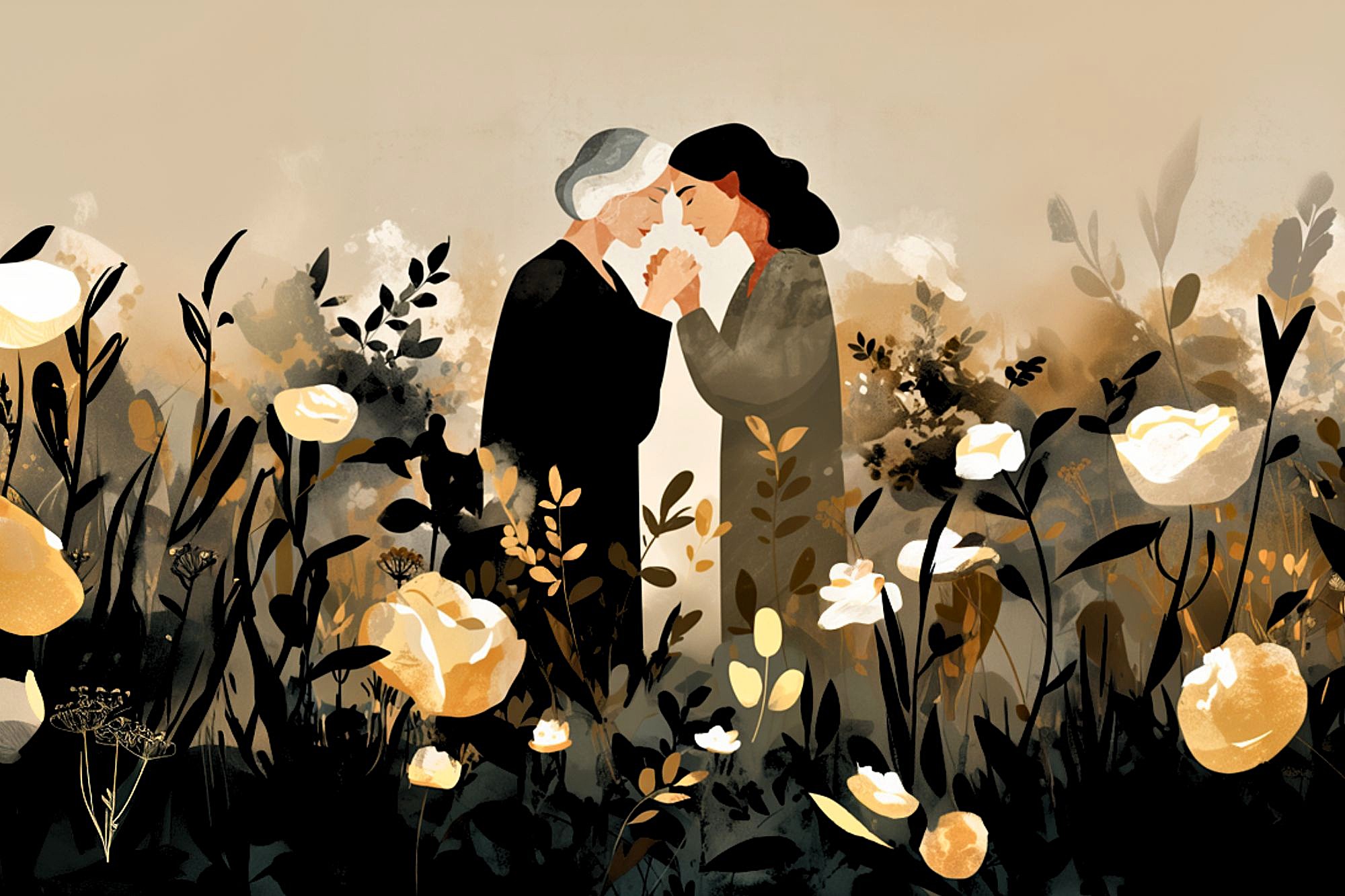 Two women stand close together in a field of yellow and white flowers, holding hands and touching foreheads, surrounded by abstract plants and soft, muted colors.