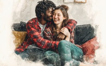 A couple sits close together on a couch, smiling and laughing. Both are wearing plaid shirts, with the man hugging the woman from behind. The image has a soft, watercolor effect.