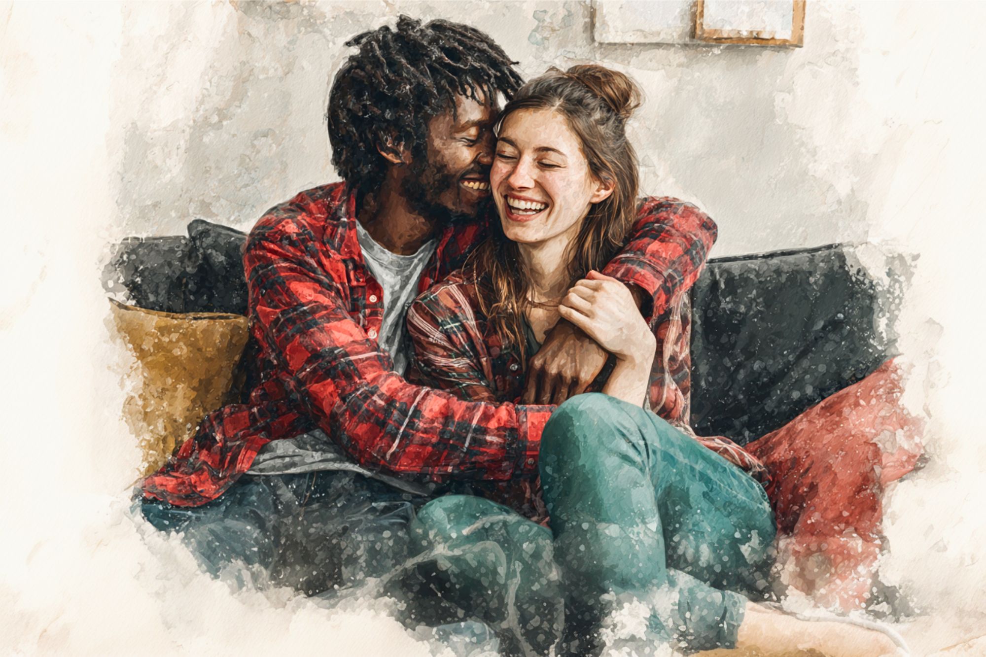 A couple sits close together on a couch, smiling and laughing. Both are wearing plaid shirts, with the man hugging the woman from behind. The image has a soft, watercolor effect.