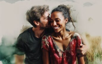 A man hugs and kisses a smiling woman on the cheek. They appear happy and close, with a soft, blurred background of nature in earthy tones.