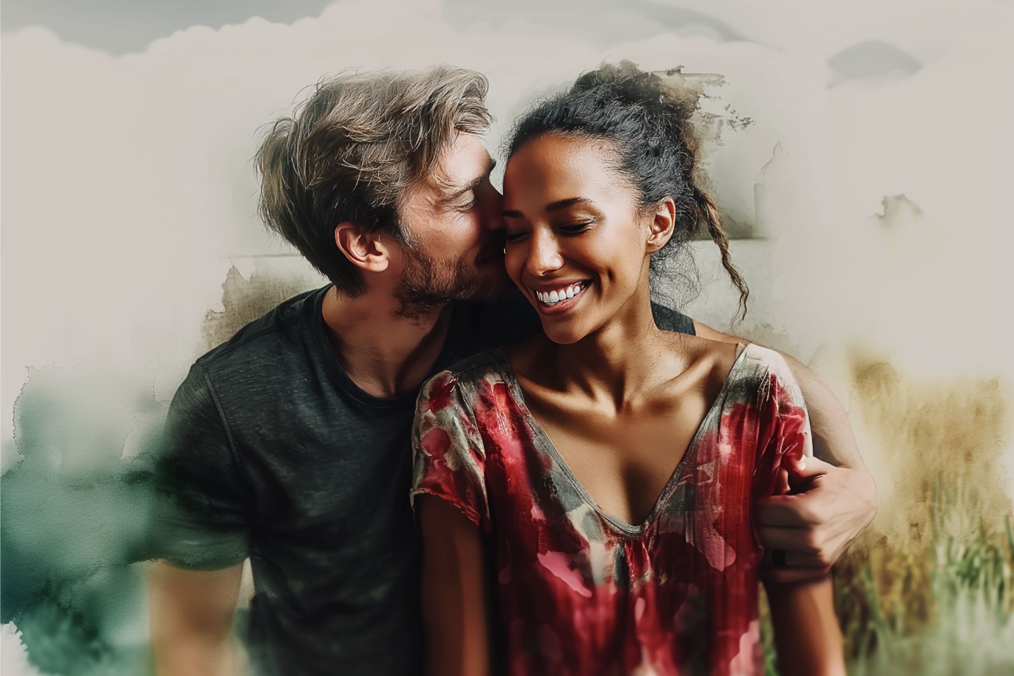 A man hugs and kisses a smiling woman on the cheek. They appear happy and close, with a soft, blurred background of nature in earthy tones.