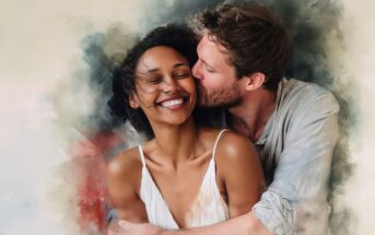 A man gently kisses a smiling woman on the cheek as he hugs her from behind. Both look happy and affectionate, with soft, artistic brushstroke effects surrounding them.