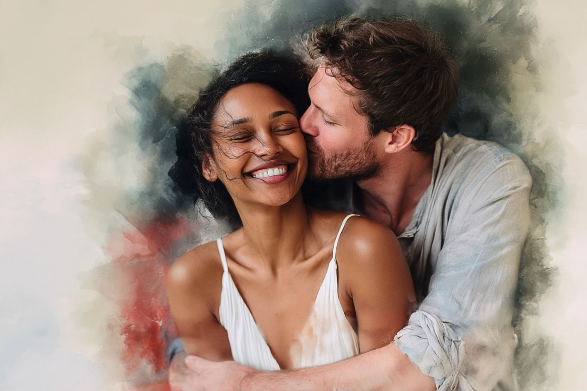 A man gently kisses a smiling woman on the cheek as he hugs her from behind. Both look happy and affectionate, with soft, artistic brushstroke effects surrounding them.