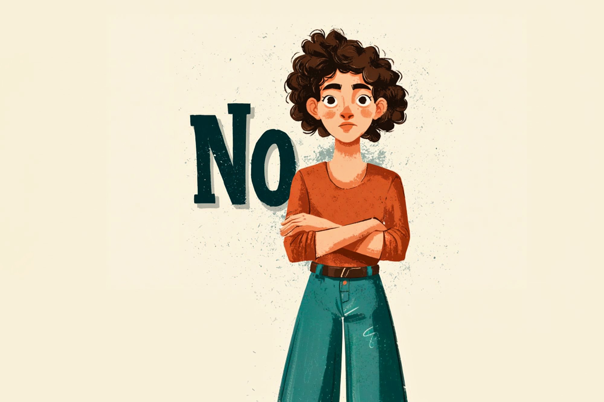Illustration of a person with curly hair, wearing a red shirt and teal pants, standing with arms crossed and a serious expression. The word "NO" appears in large letters behind them.