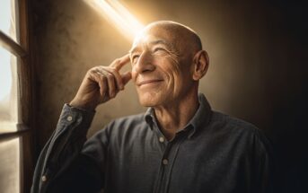 An older man with a bald head smiles thoughtfully, touching his temple as a beam of sunlight shines on his forehead through a nearby window, creating a warm and contemplative mood.
