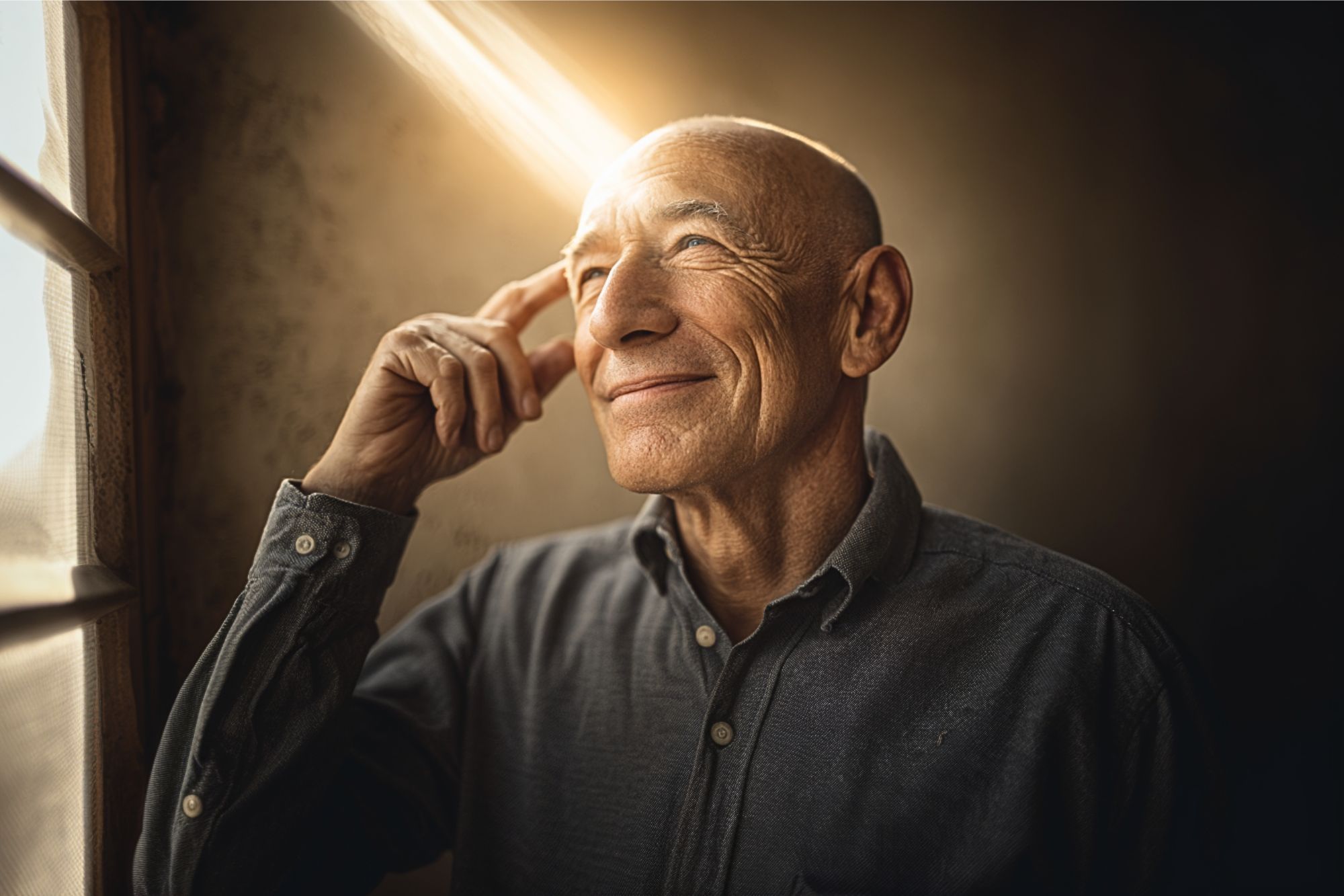 An older man with a bald head smiles thoughtfully, touching his temple as a beam of sunlight shines on his forehead through a nearby window, creating a warm and contemplative mood.