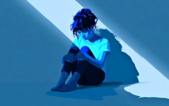 A woman with dark hair sits barefoot on the floor in a mostly dark room, illuminated by a beam of light from above. She looks down, hugging her knees, creating a contemplative and somber mood.