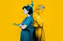 An illustrated woman and man stand back to back with arms crossed, both looking disappointed. The background is bright yellow, and the figures are outlined in sketchy blue and black lines.