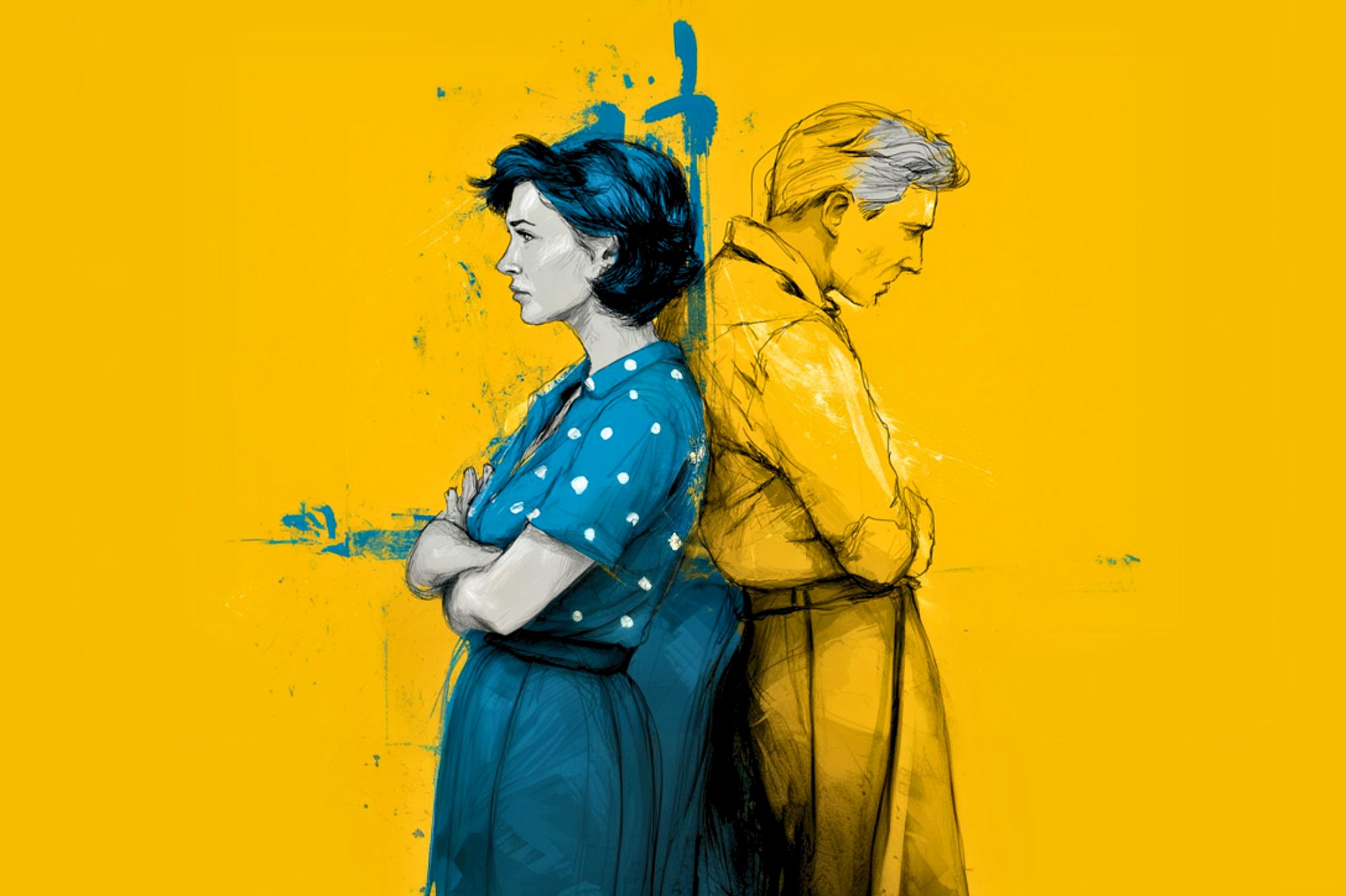 An illustrated woman and man stand back to back with arms crossed, both looking disappointed. The background is bright yellow, and the figures are outlined in sketchy blue and black lines.