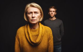 A serious older woman in a yellow sweater stands in the foreground, while a young man in a gray sweater stands blurred in the background, both against a dark backdrop.