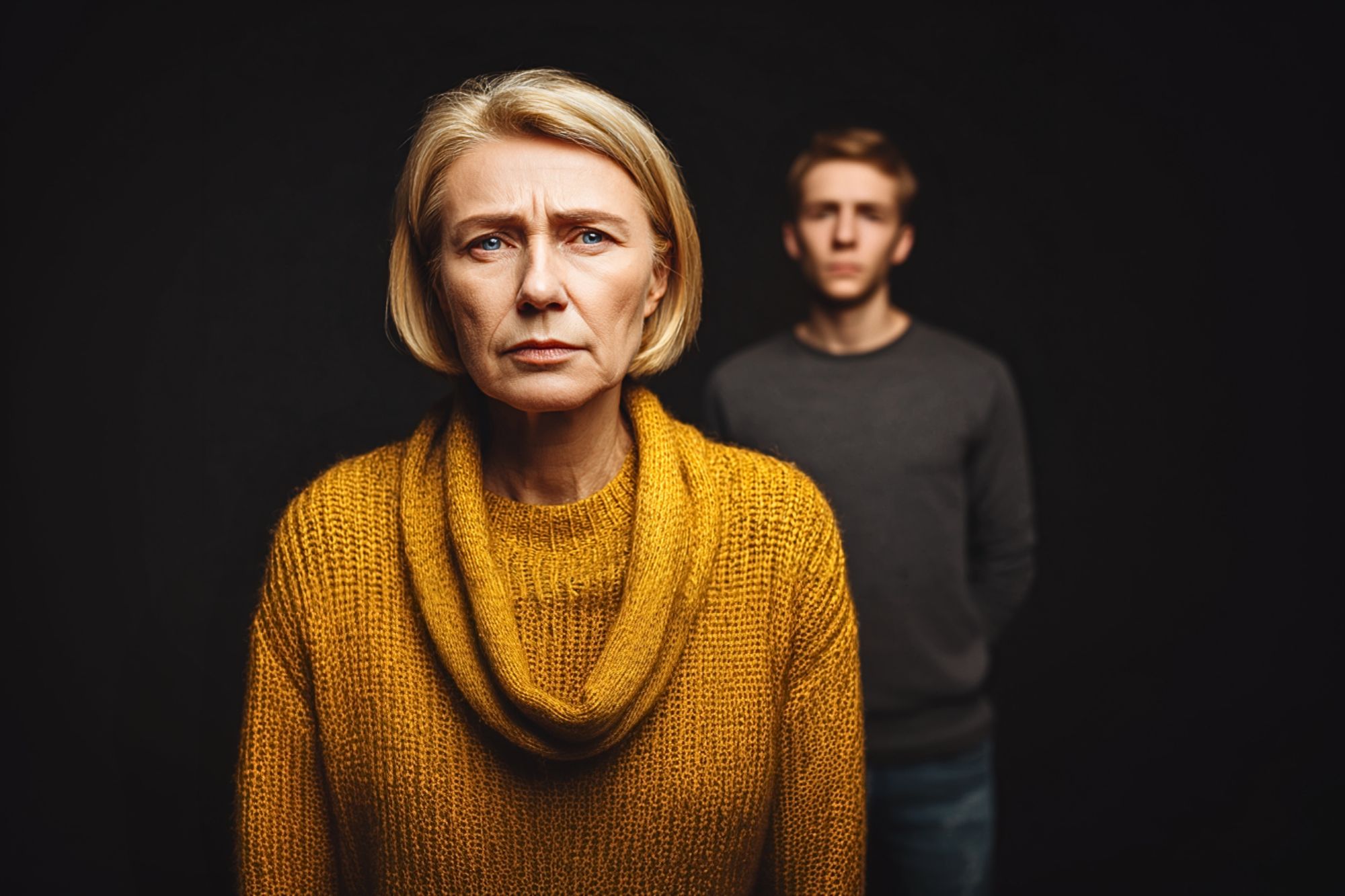 A serious older woman in a yellow sweater stands in the foreground, while a young man in a gray sweater stands blurred in the background, both against a dark backdrop.