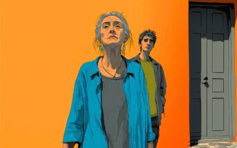 An illustration of an older woman with gray hair and a blue shirt standing in front of a younger person against a bright orange wall and a closed gray door. Both appear to be looking upward with serious expressions.