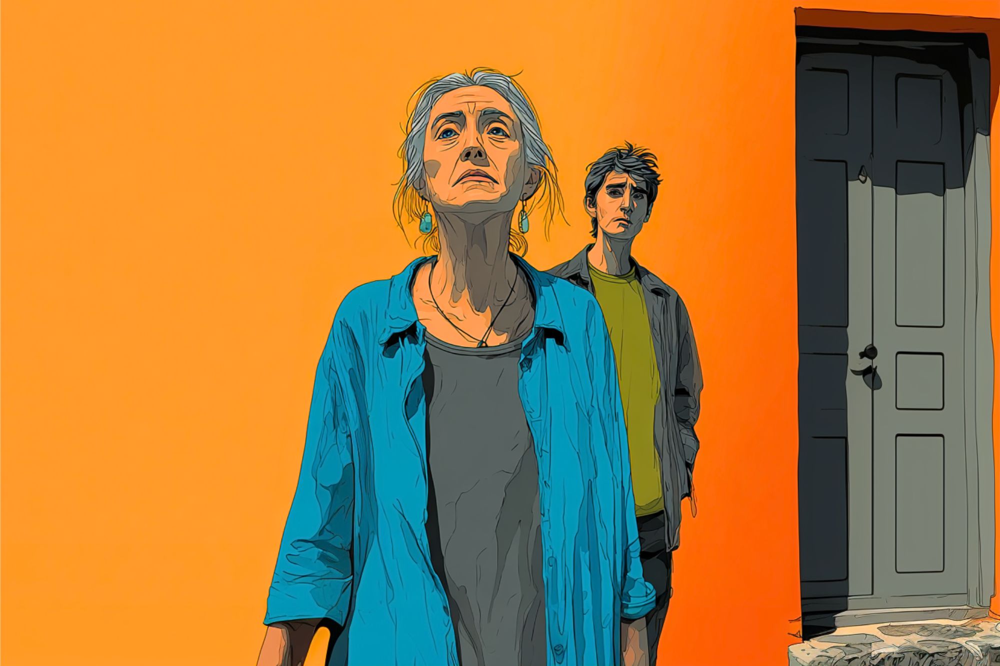 An illustration of an older woman with gray hair and a blue shirt standing in front of a younger person against a bright orange wall and a closed gray door. Both appear to be looking upward with serious expressions.