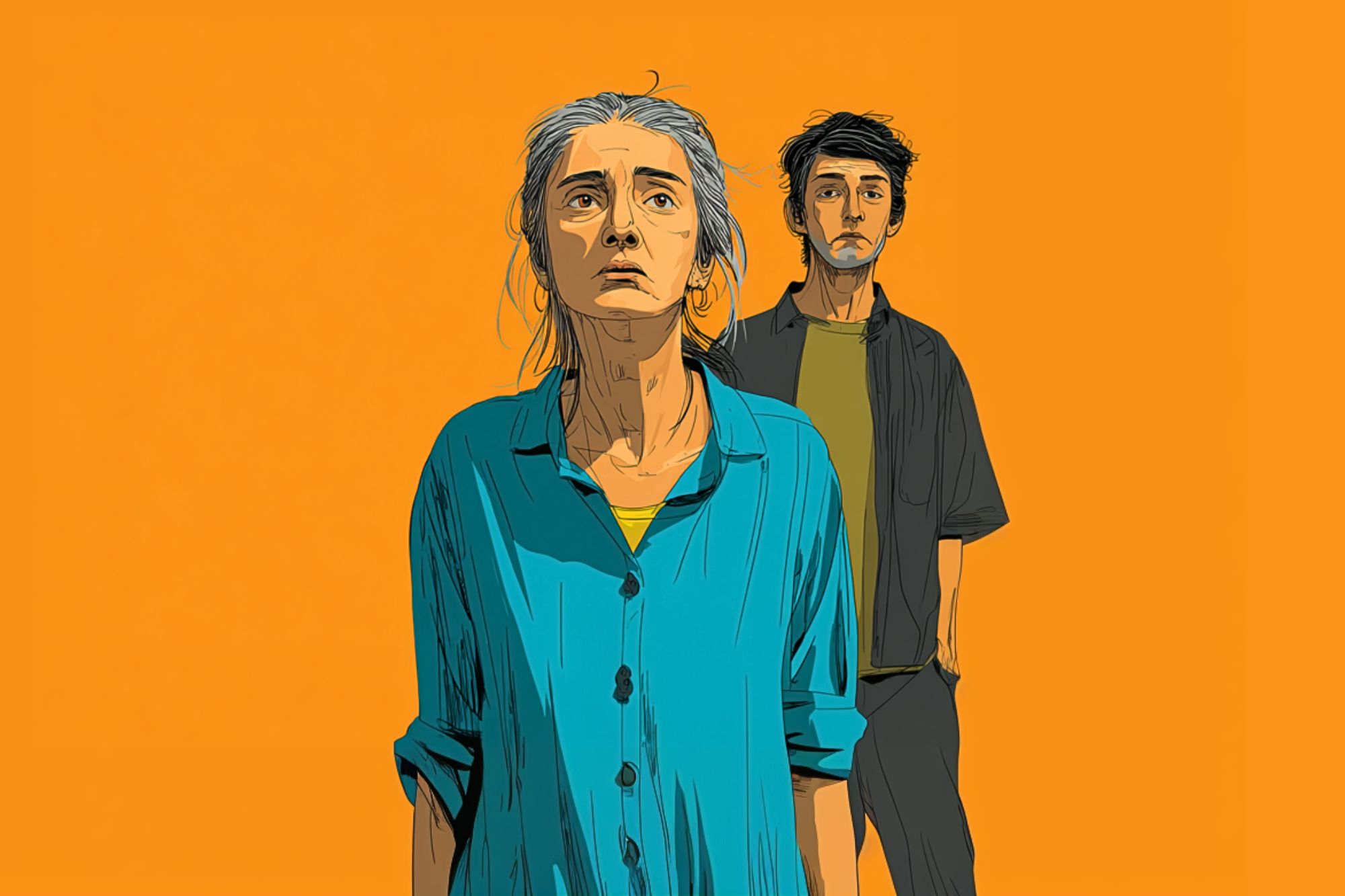 An older woman with gray hair in a blue shirt stands in front of a younger man in dark clothing, both looking serious, against a solid orange background.