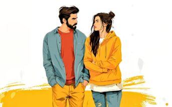 A man and a woman stand side by side against a white background with a yellow paint splash. The man wears a blue shirt and orange pants; the woman has a yellow hoodie and blue jeans. Both look at each other, appearing thoughtful.