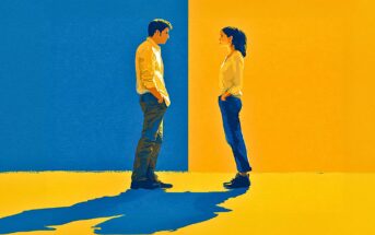 A man and woman stand facing each other, casting long shadows, against a split background of blue and yellow. Both wear casual clothes in neutral tones, with the man on the blue side and the woman on the yellow side.