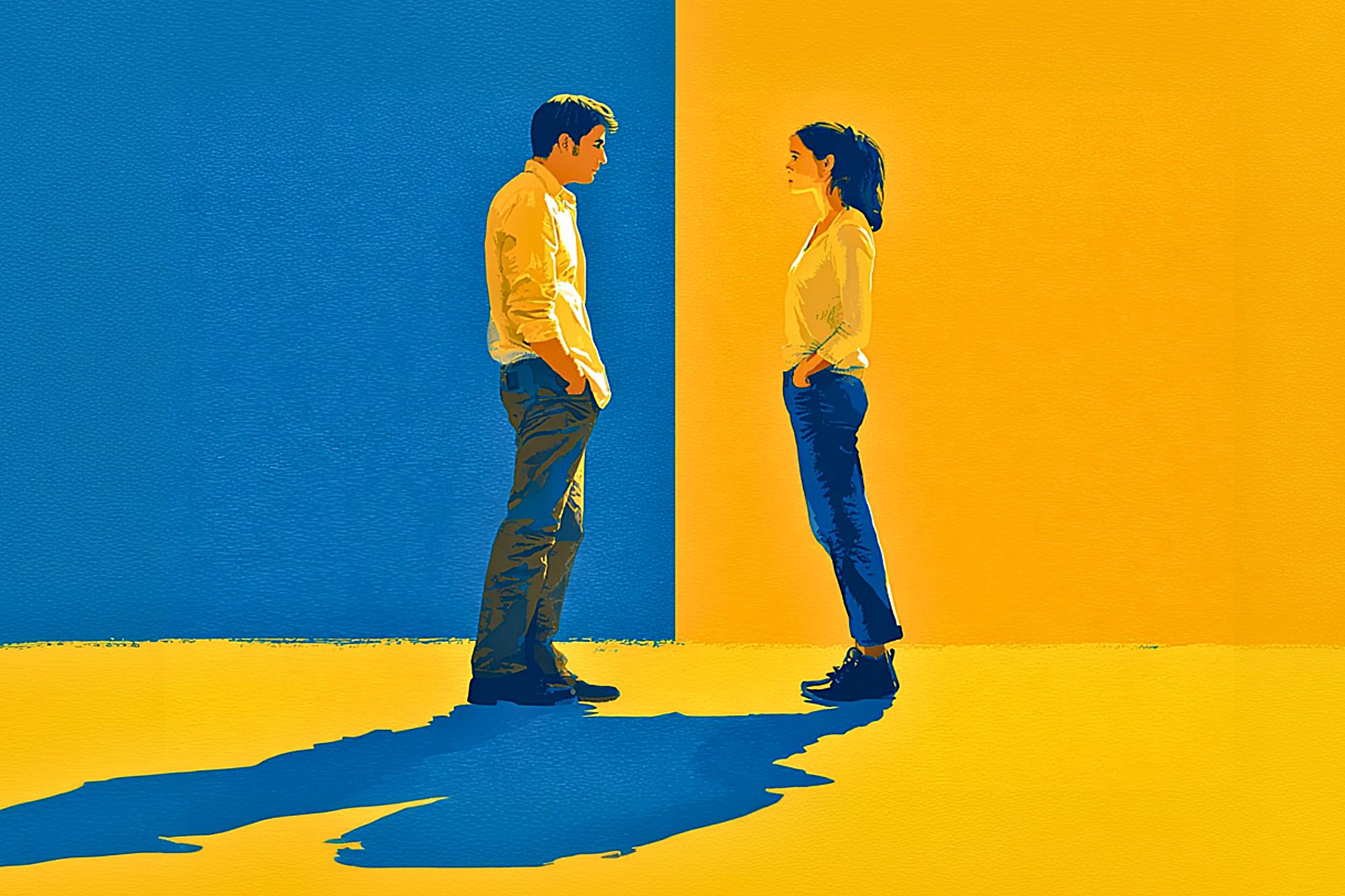 A man and woman stand facing each other, casting long shadows, against a split background of blue and yellow. Both wear casual clothes in neutral tones, with the man on the blue side and the woman on the yellow side.