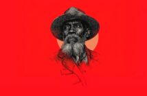 A detailed black-and-white sketch of an older man with a beard wearing a wide-brimmed hat, set against a bright red background with a pale orange circle behind him.